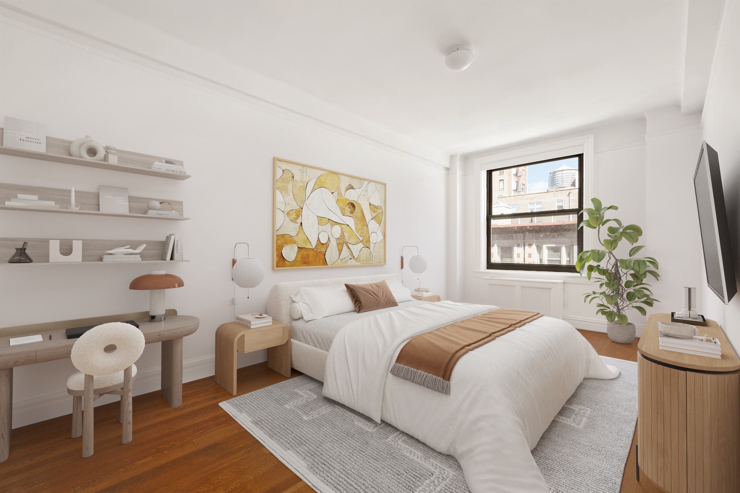 395 Riverside Drive, Unit 7F Manhattan, NY 10025 - Photo 4 of 10 a bedroom with a bed and wooden floor