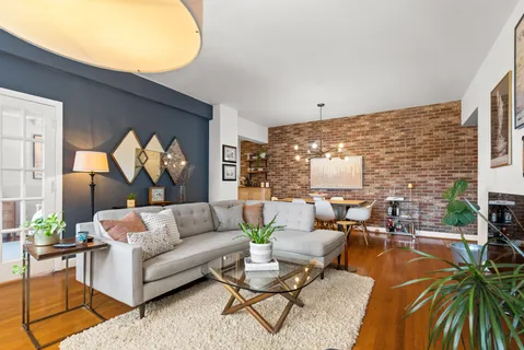 a living room with furniture and a potted plant