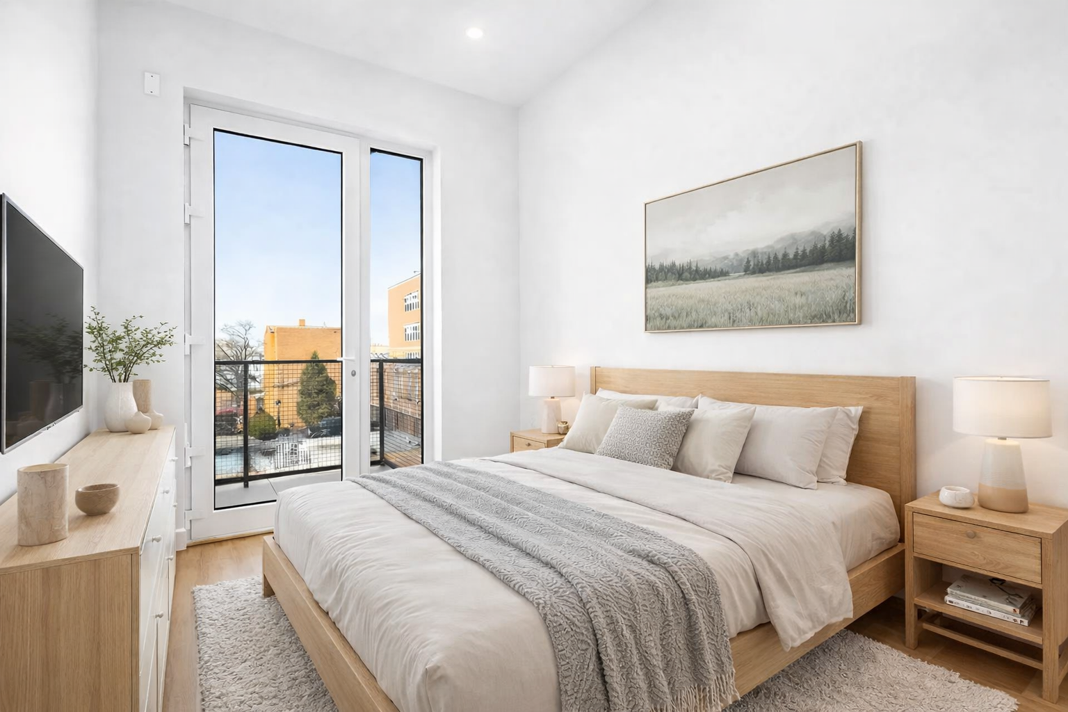 138 Schaefer Street, Unit 3 Brooklyn, NY 11207 - Photo 5 of 11 a bedroom with a balcony a bed and a flat screen tv