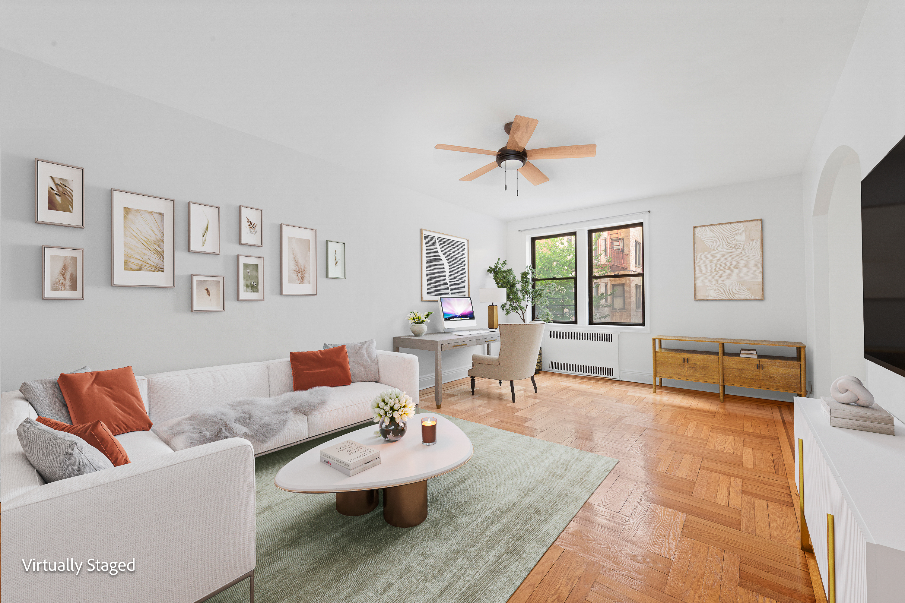 a living room with furniture and wooden floor
