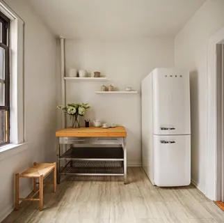 a room with a refrigerator and wooden floor