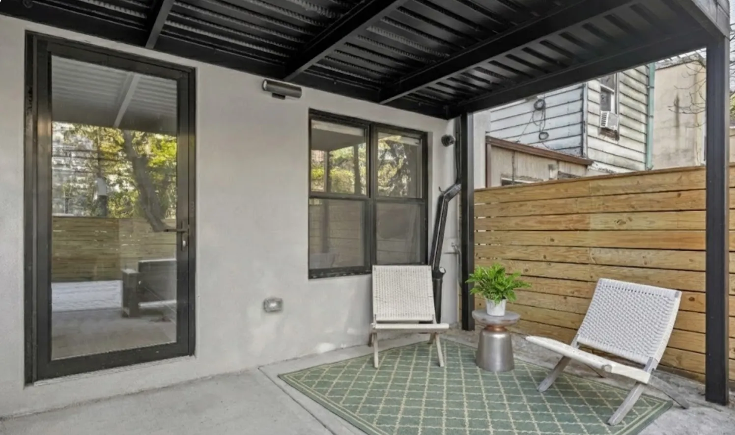 a porch with seating space