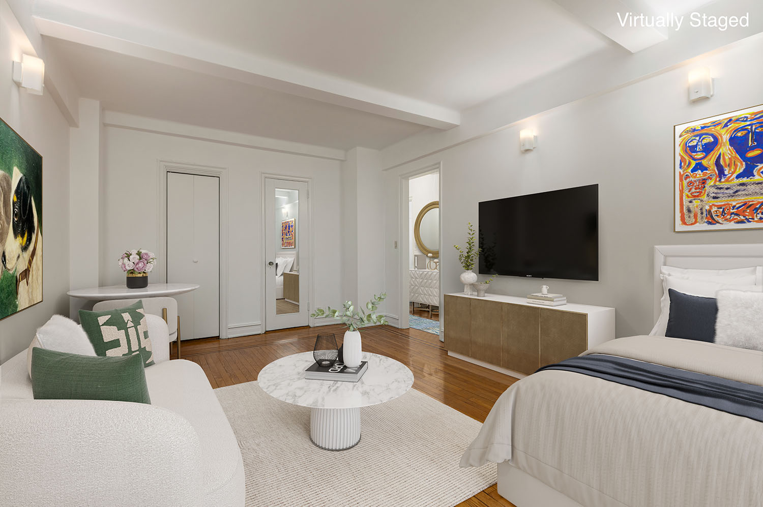 235 West 102nd Street, Unit 4E Manhattan, NY 10025 - Photo 2 of 19 a living room with furniture and a flat screen tv