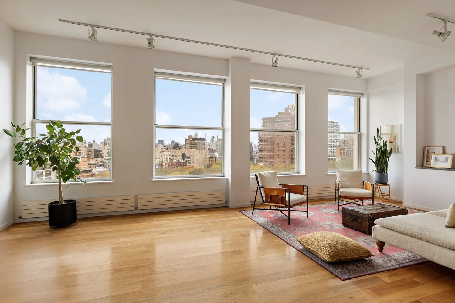 a living room with furniture and a potted plant