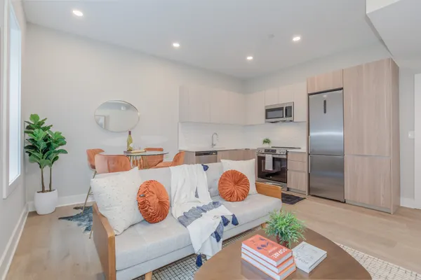 a living room with furniture and a potted plant