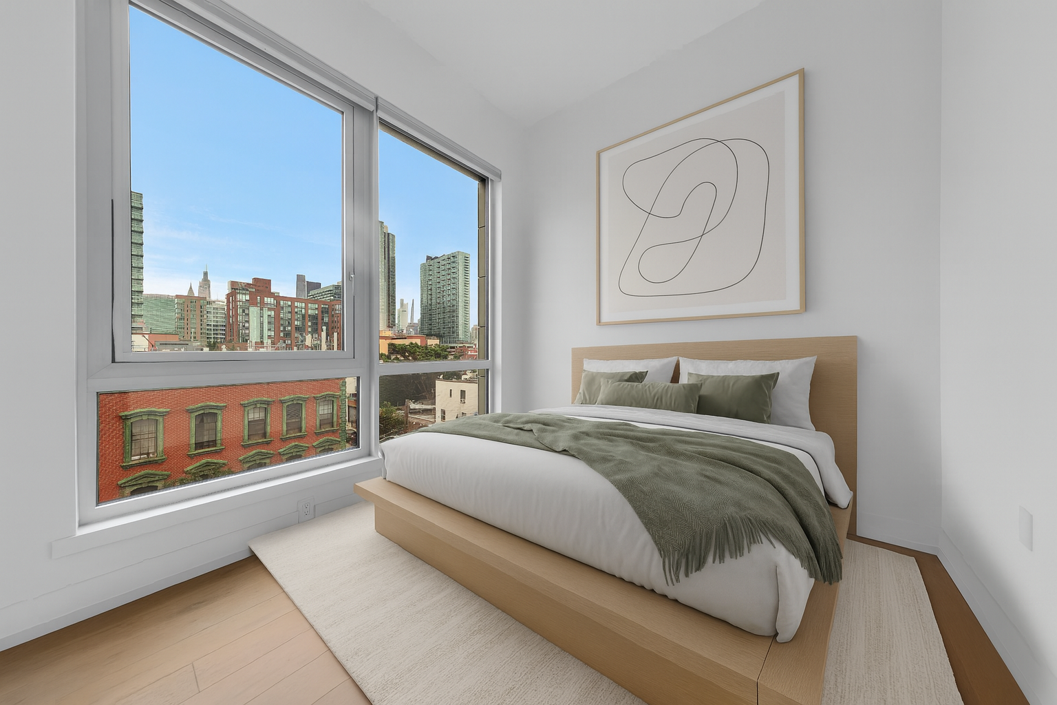 47-01 Vernon Boulevard, Unit 4E Queens, NY 11101 - Photo 8 of 9 a bedroom with a large bed and a large window