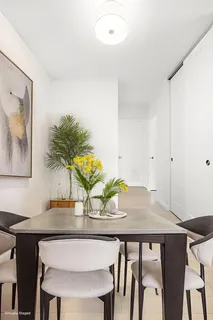 a view of a dining room with furniture