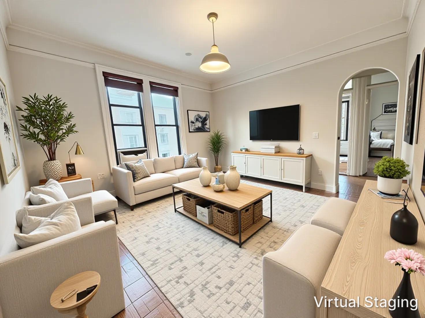 170 Claremont Avenue, Unit 19 Manhattan, NY 10027 - Photo 1 of 9 a living room with furniture a flat screen tv and a large window