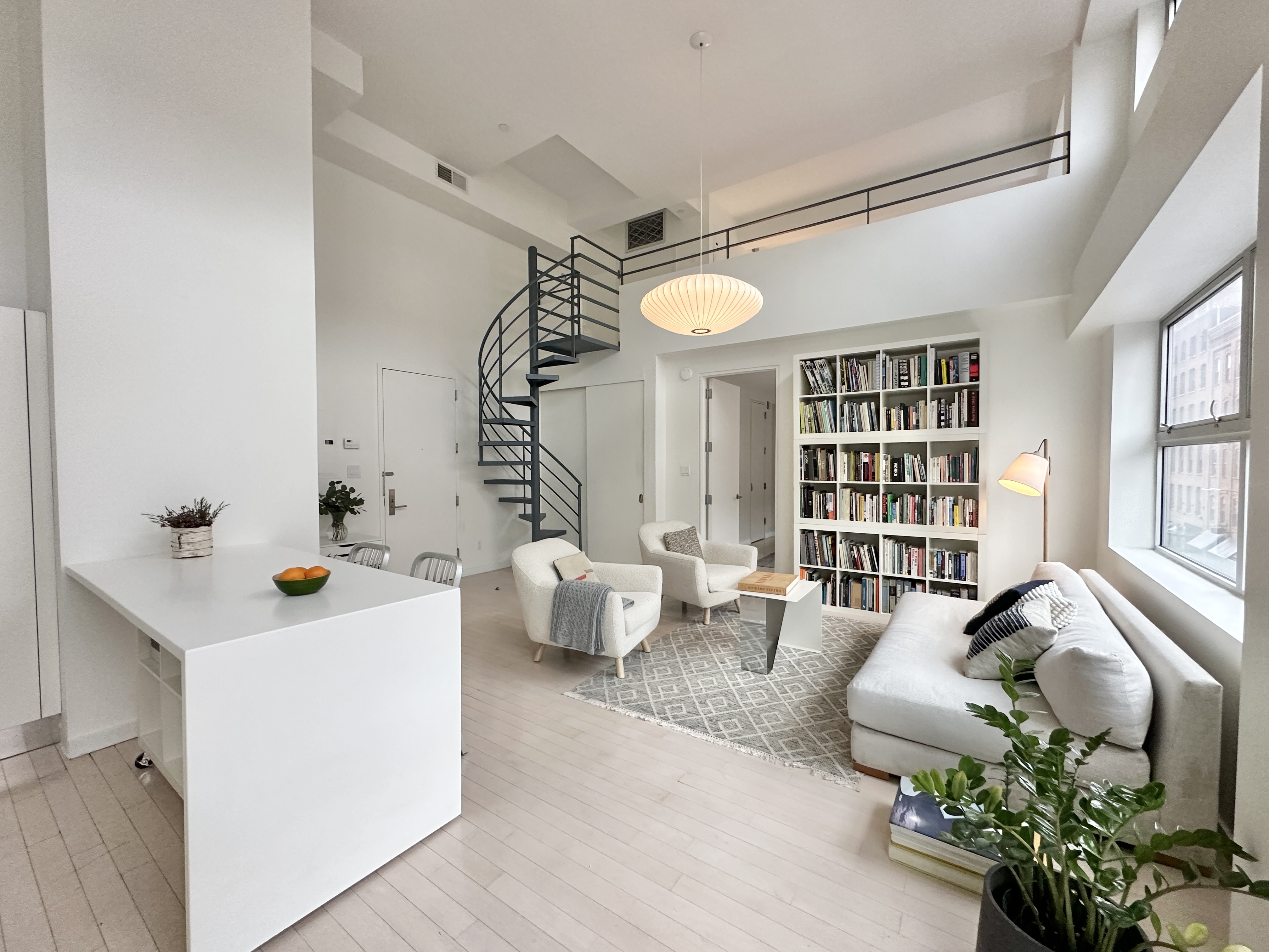 a living room with furniture and a potted plant