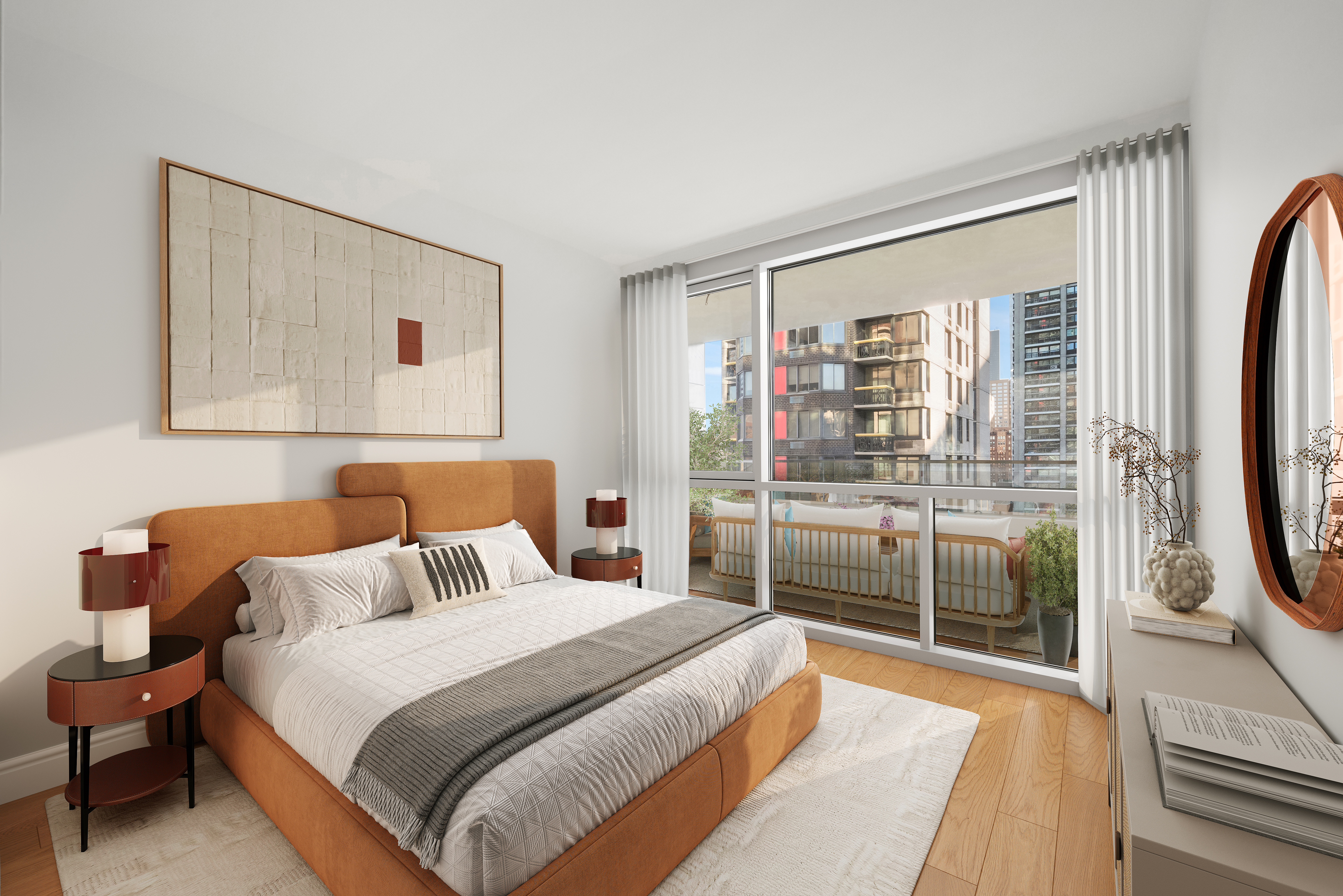 301 East 61st Street, Unit 9B Manhattan, NY 10065 - Photo 7 of 9 a bedroom with a bed and a flat tv screen next to a window