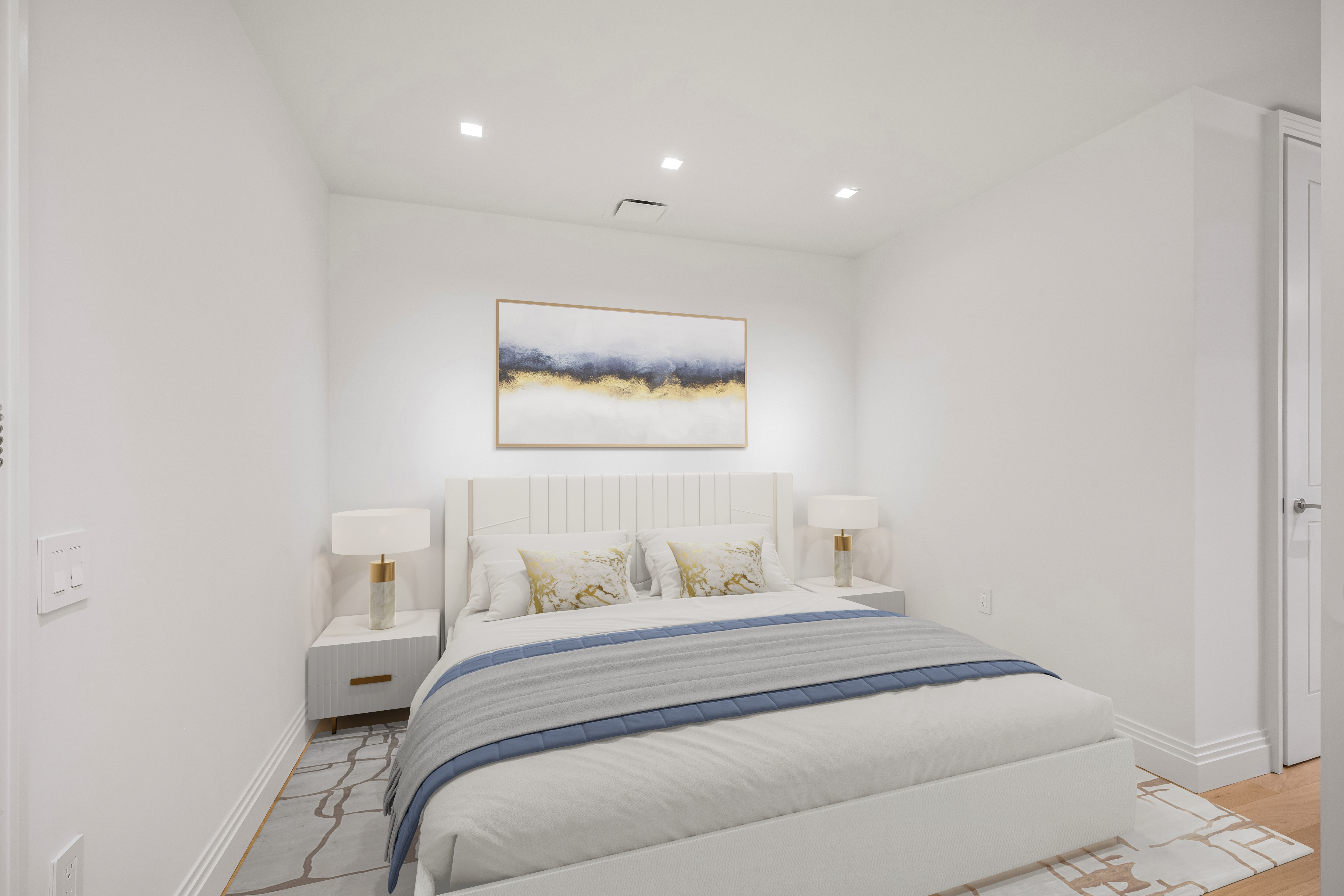 1 Wall Street, Unit 915 Manhattan, NY 10005 - Photo 3 of 18 a bedroom with a bed and a painting on the wall