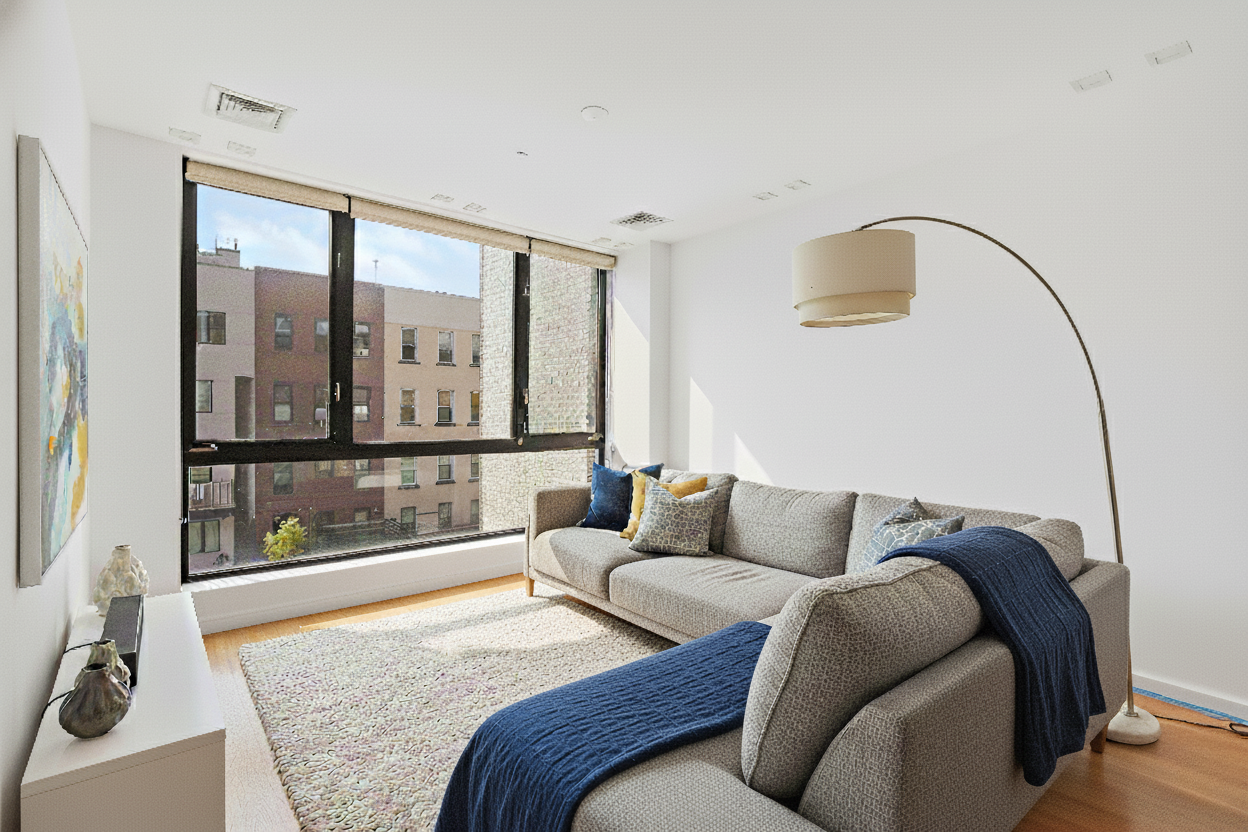 a living room with a couch and a floor to ceiling window