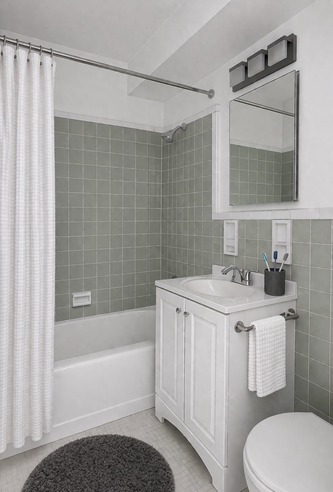 175 Willoughby Street, Unit 6F Brooklyn, NY 11201 - Photo 5 of 11 a bathroom with a sink a toilet a mirror a vanity and shower