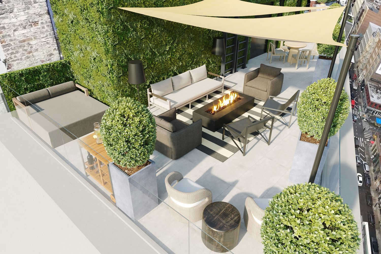 an outdoor space with furniture