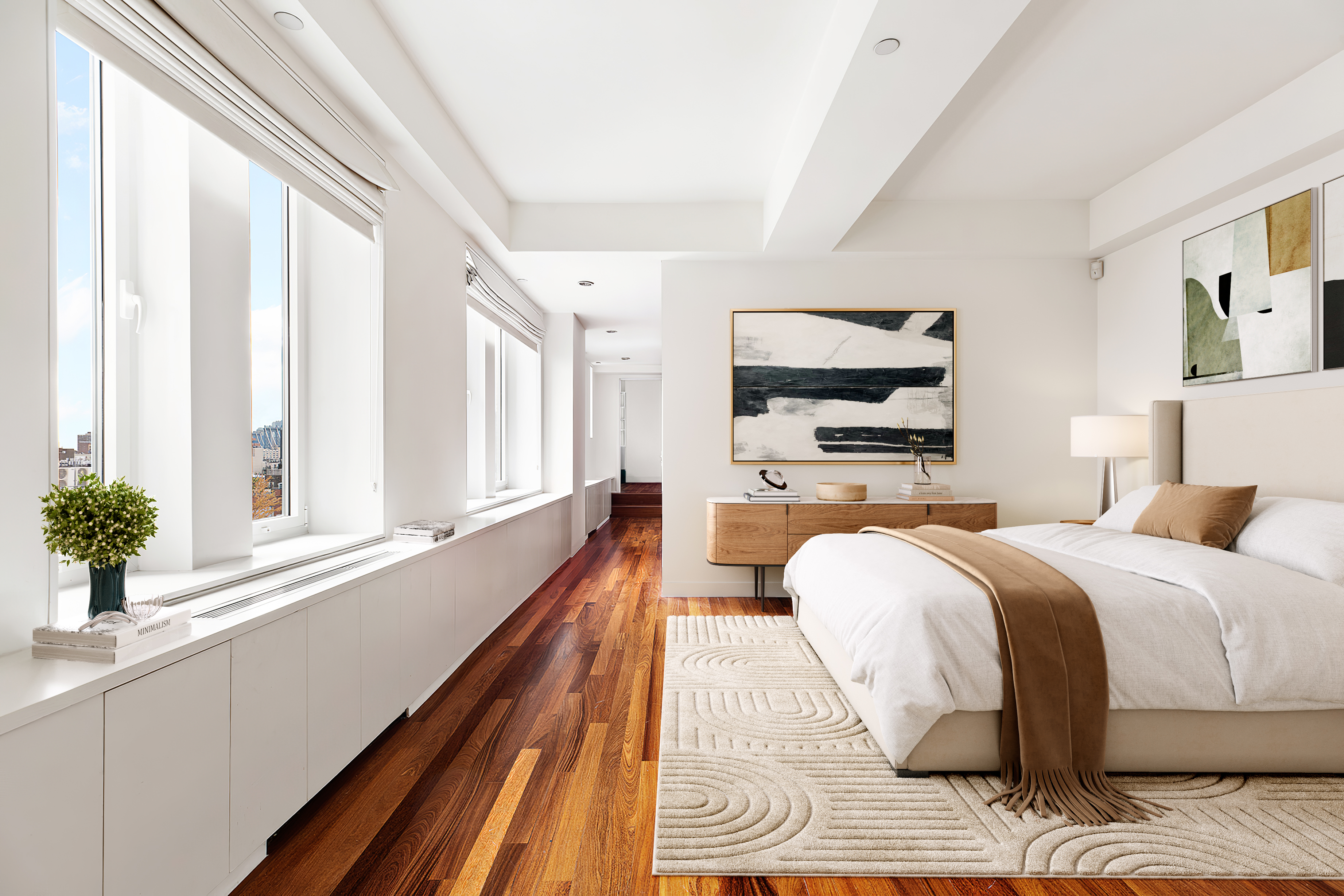 225 Lafayette Street, Unit 10D Manhattan, NY 10012 - Photo 4 of 14 a spacious bedroom with a bed and a flat screen tv