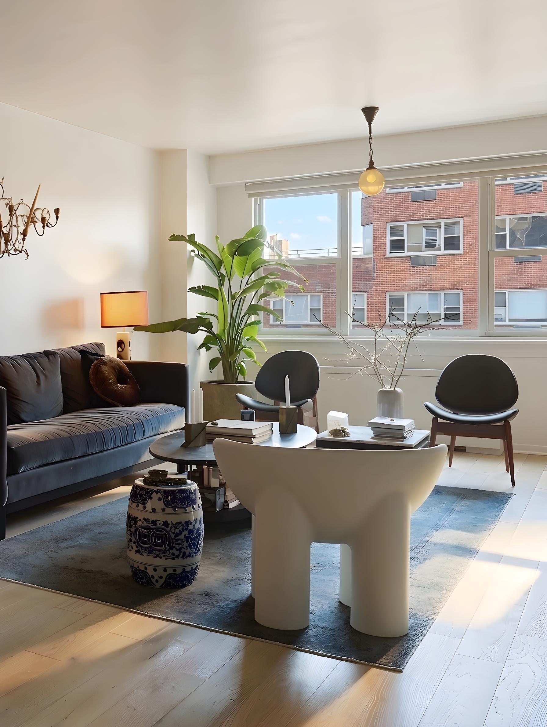 101 West 12th Street, Unit 15P Manhattan, NY 10011 - Photo 2 of 16 a living room with furniture a potted plant and a large window