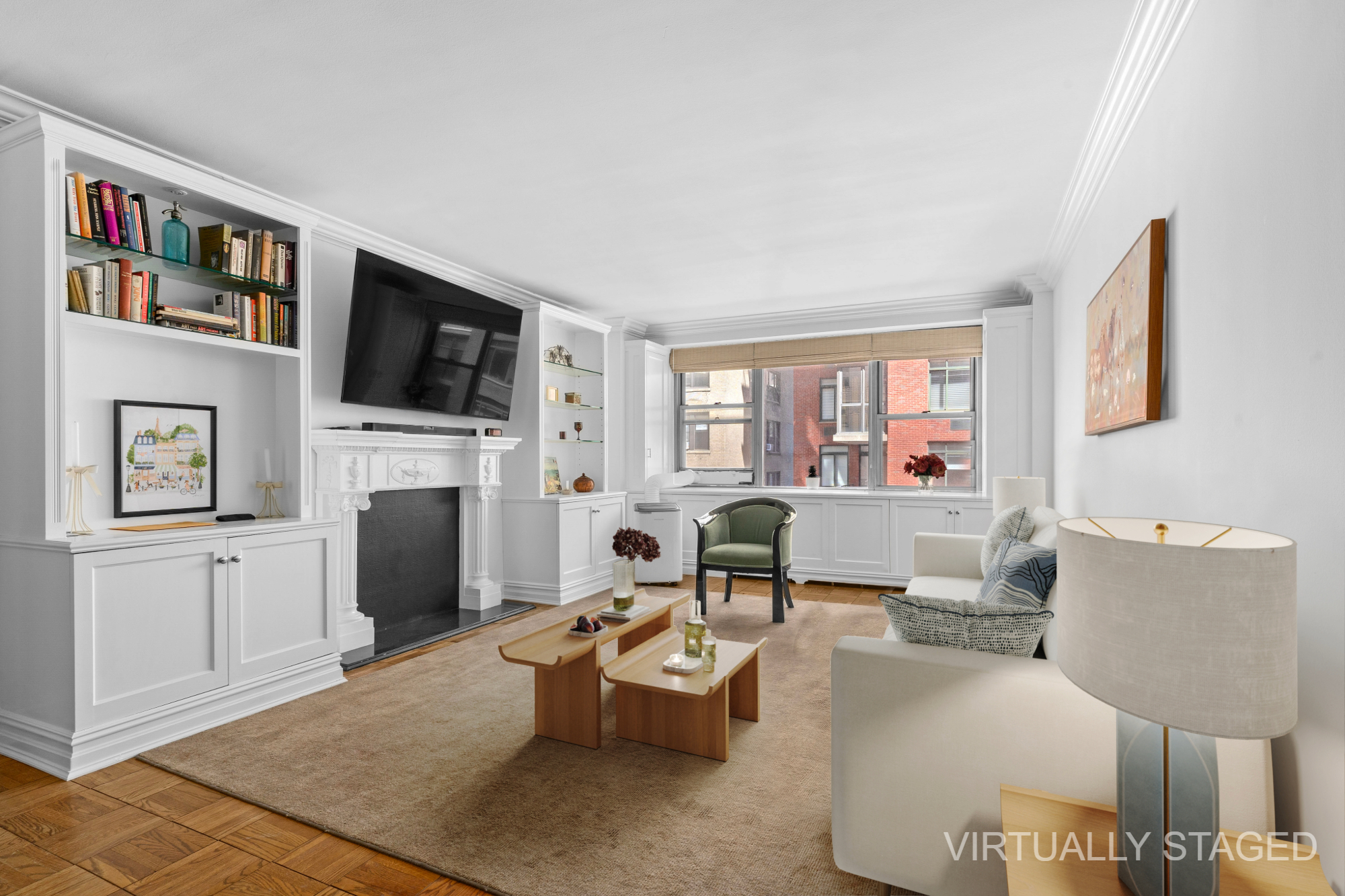 55 East 87th Street, Unit 5M Manhattan, NY 10128 - Photo 3 of 10 a living room with furniture fireplace and flat screen tv