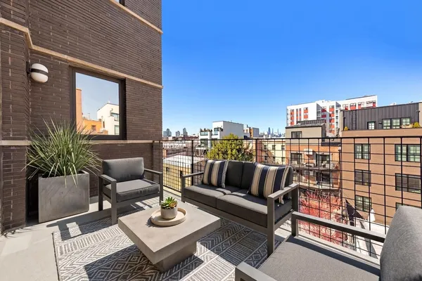 a roof deck with couches and a potted plant on a table