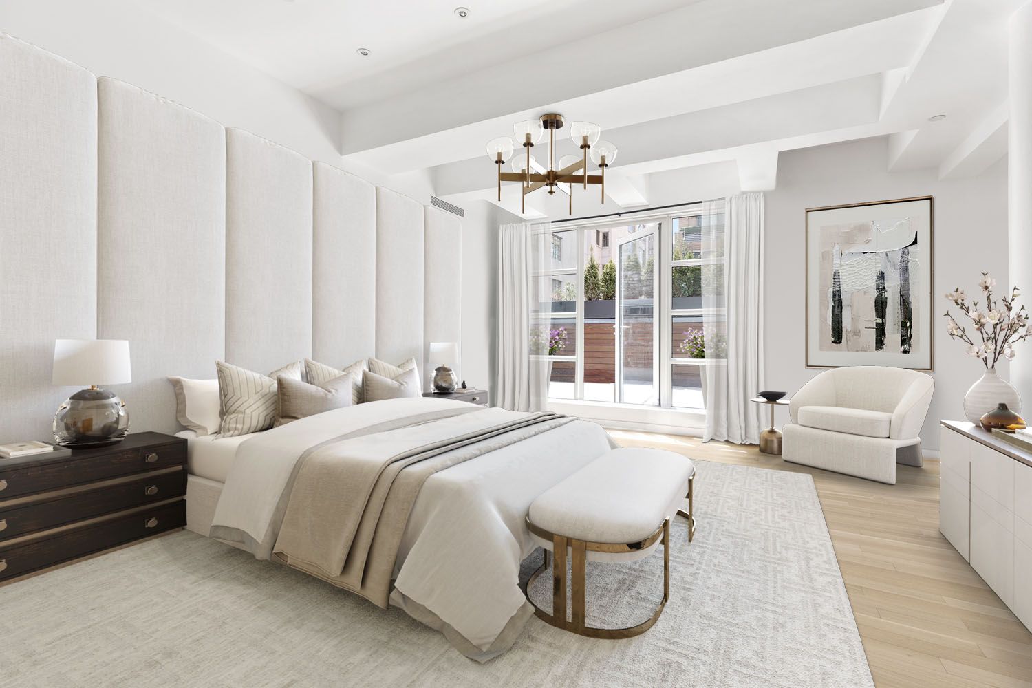 60 Collister Street, Unit 4A Manhattan, NY 10013 - Photo 9 of 21 a spacious bedroom with a bed and a chandelier