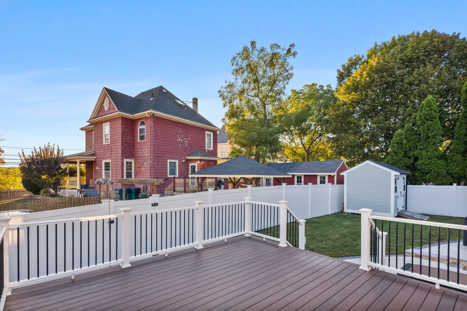 a view of a brick building from a balcony