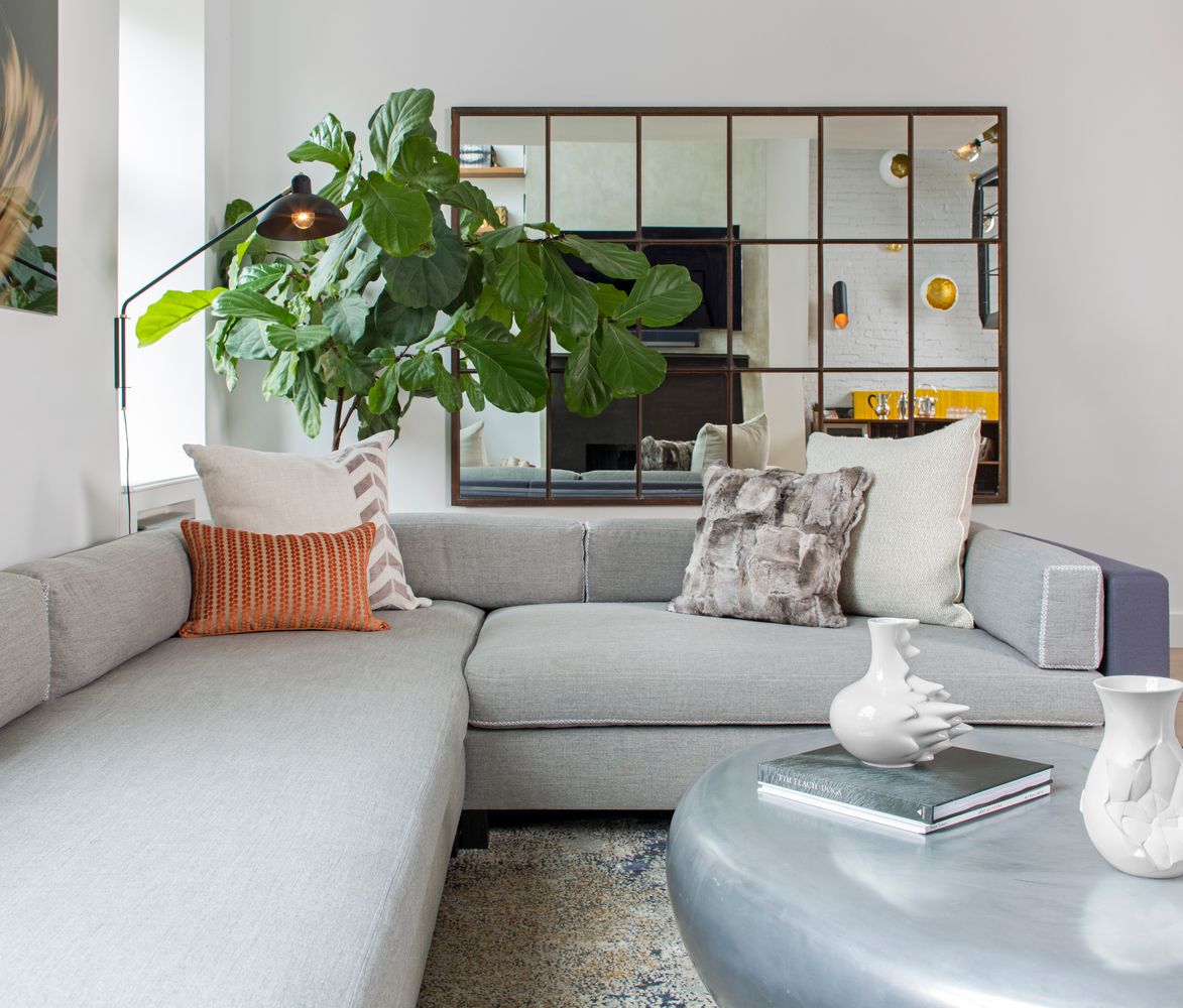 a living room with furniture flowerpot and a potted plant