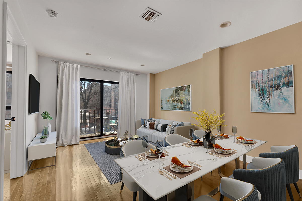 a living room with furniture and a table