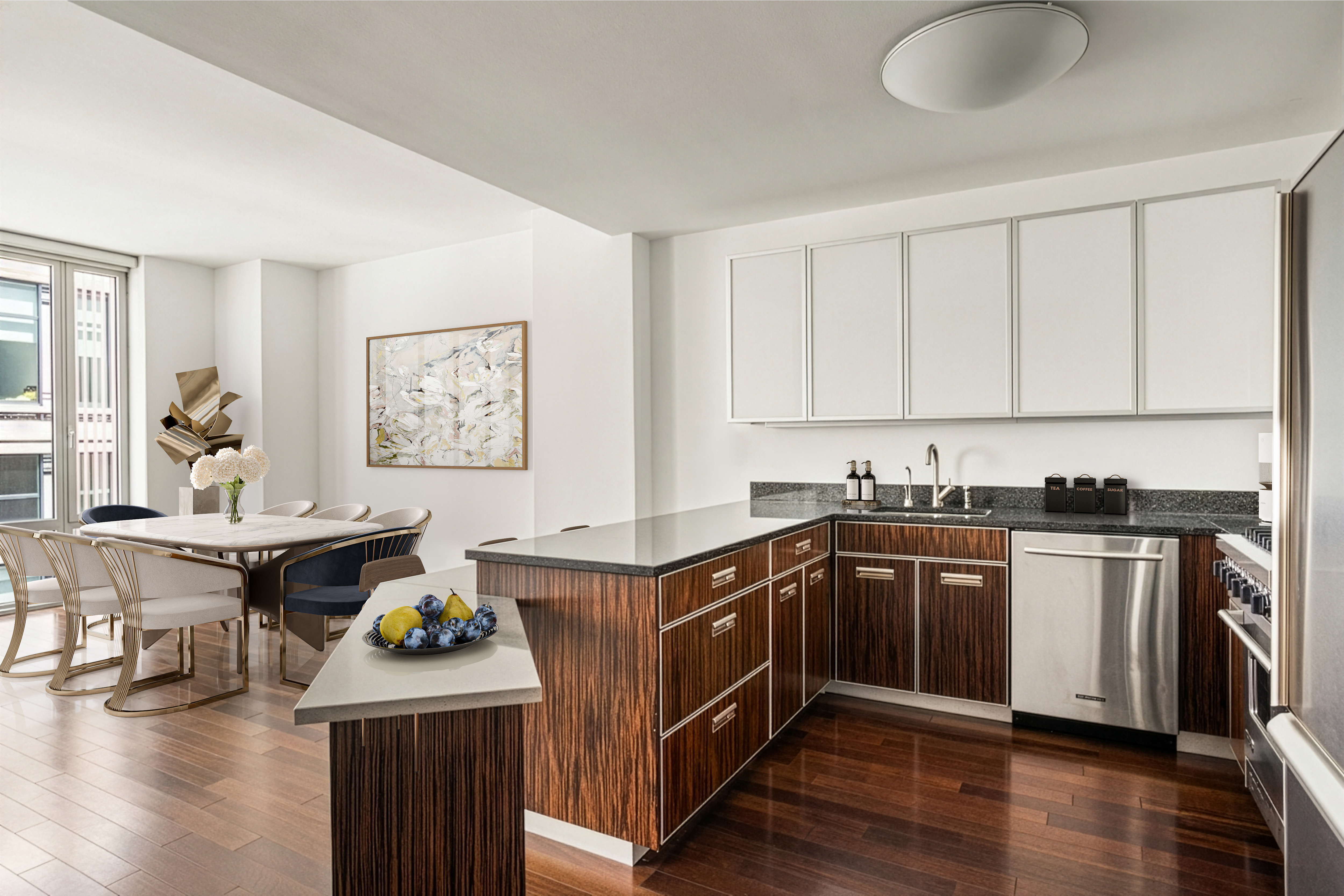 130 West 19th Street, Unit 7C Manhattan, NY 10011 - Photo 4 of 13 a kitchen with stainless steel appliances granite countertop a stove a sink dishwasher and white cabinets with wooden floor