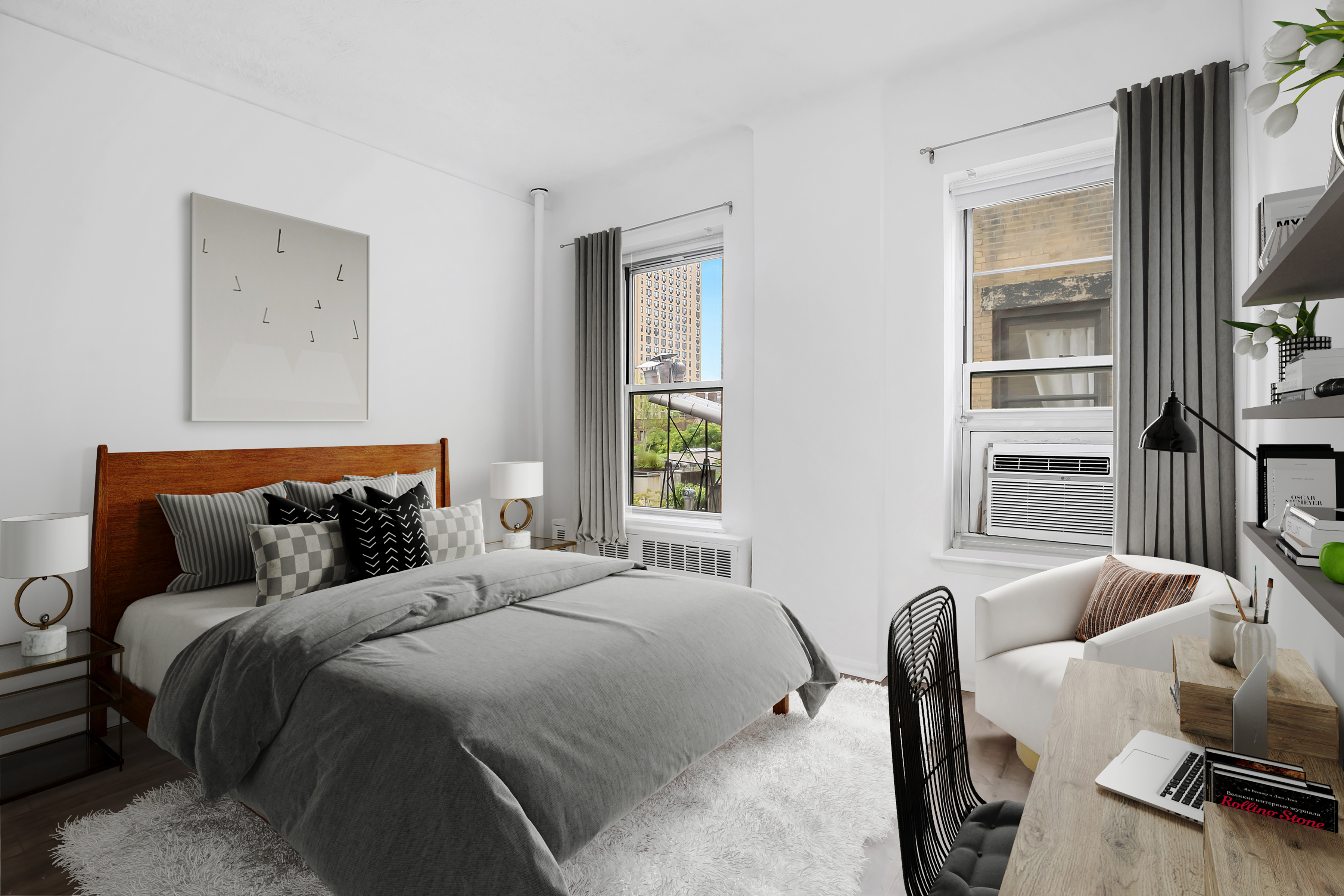 26 Gramercy Park South, Unit 6D Manhattan, NY 10003 - Photo 3 of 9 a bedroom with furniture a window and a flat screen tv