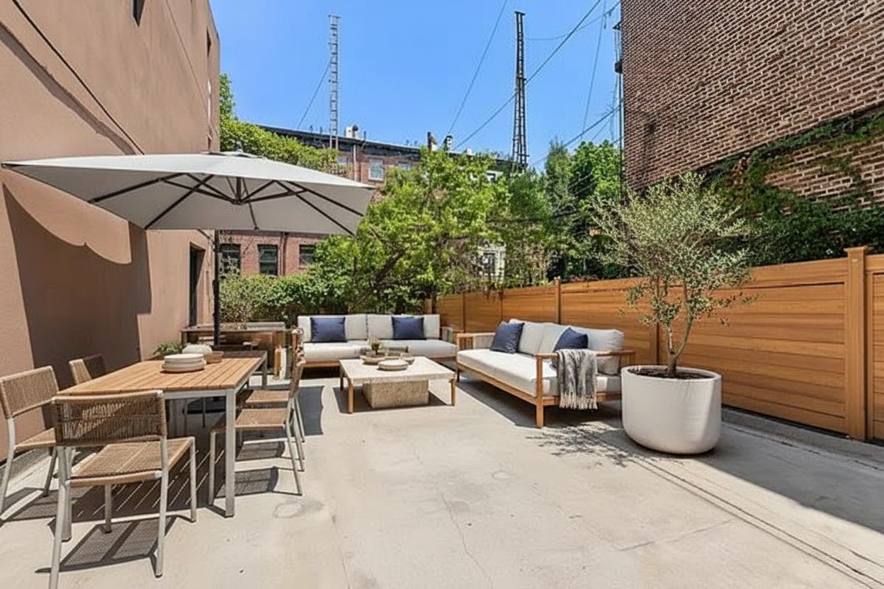 a view of a patio with chairs and plants