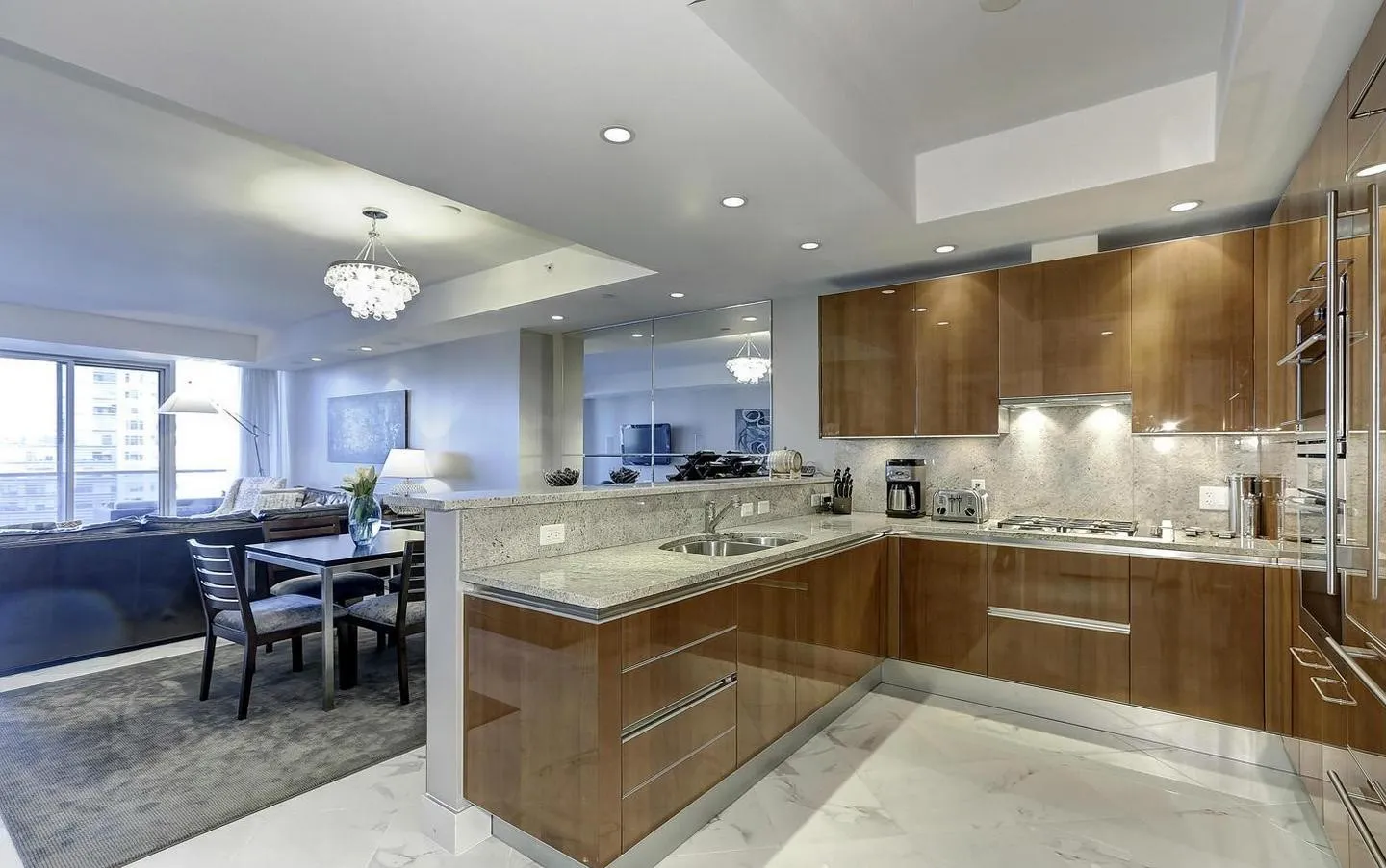 a kitchen with a sink and stove