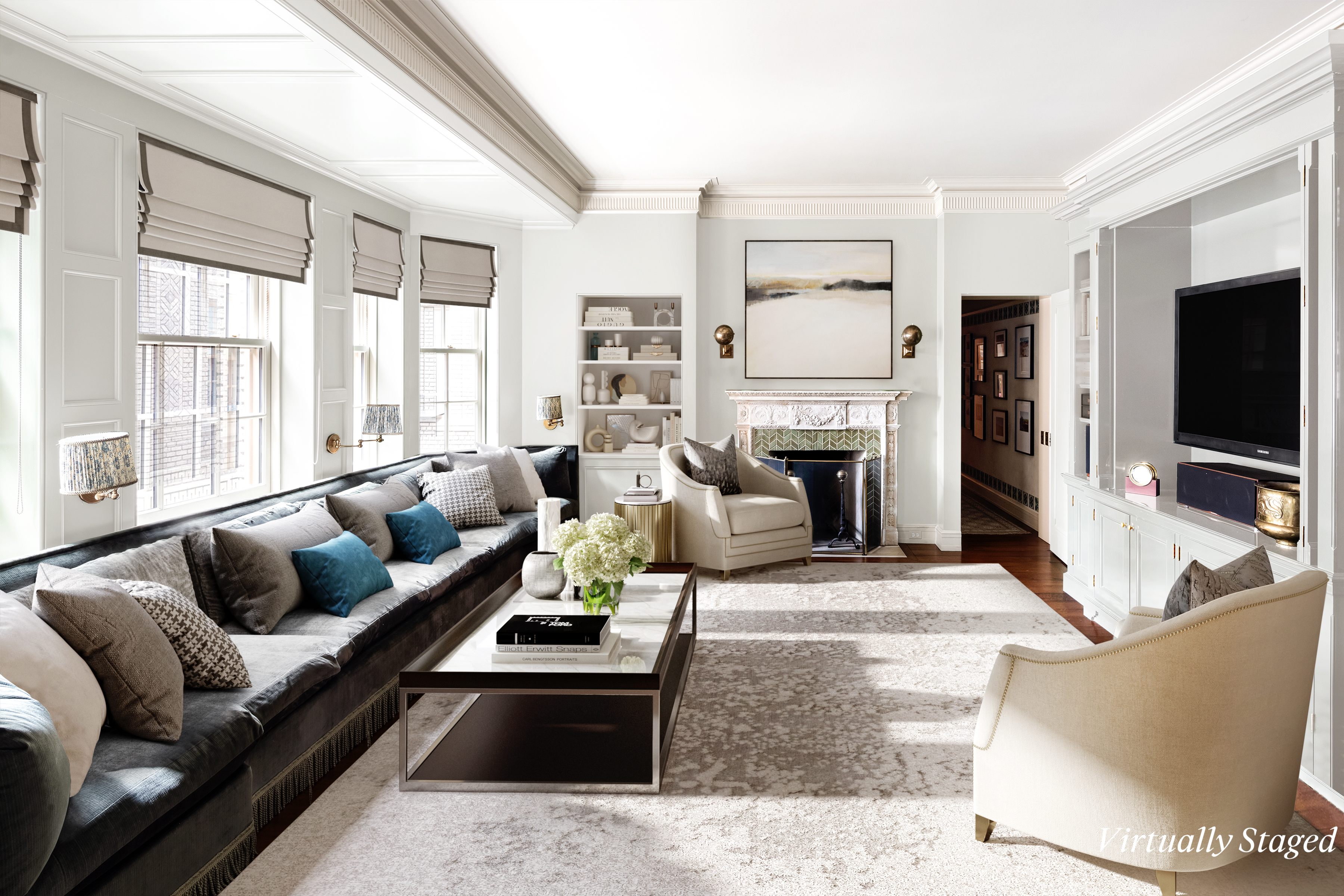 41 Central Park West, Unit 11A Manhattan, NY 10023 - Photo 13 of 17 a living room with fireplace furniture and a flat screen tv