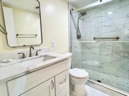 a bathroom with a sink a toilet and shower