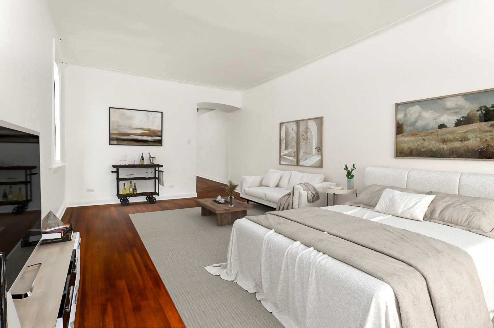 310 West 55th Street, Unit 4K Manhattan, NY 10019 - Photo 2 of 6 a bedroom with two beds and a desk