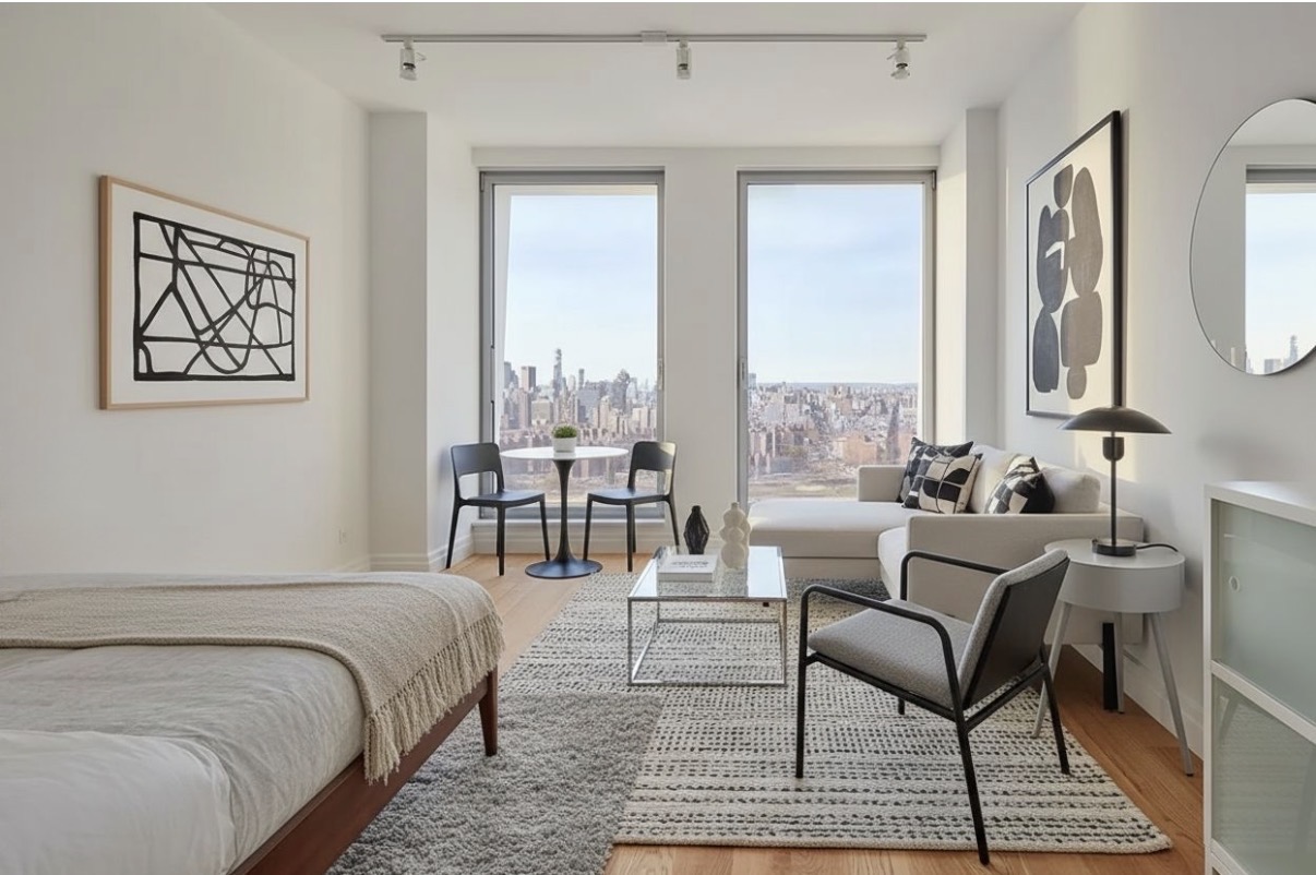 a bedroom with a bed and a couch