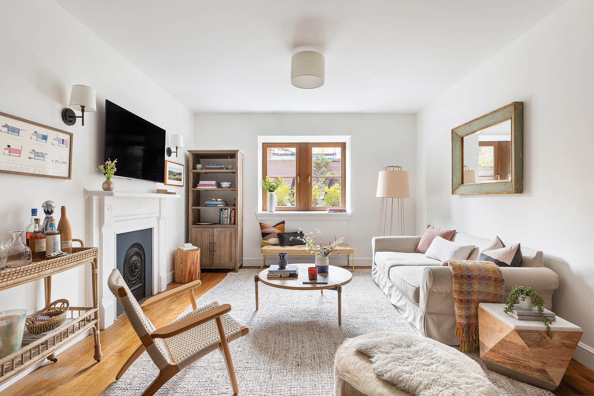 58 Strong Place, Unit 1D Brooklyn, NY 11231 - Photo 2 of 11 a living room with furniture a fireplace and a flat screen tv