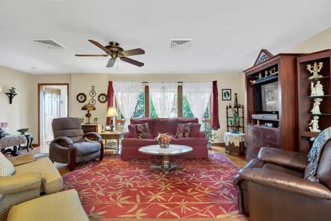 a living room with furniture potted plant and a window