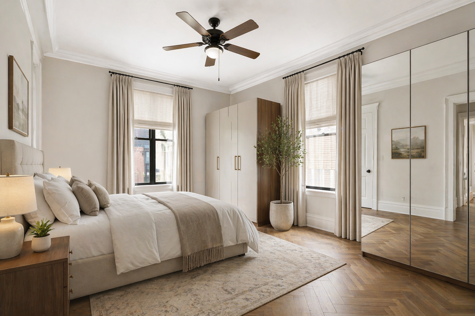 35 Mt Morris Park West, Unit 3E Manhattan, NY 10027 - Photo 7 of 9 a bedroom with a large bed and a chandelier