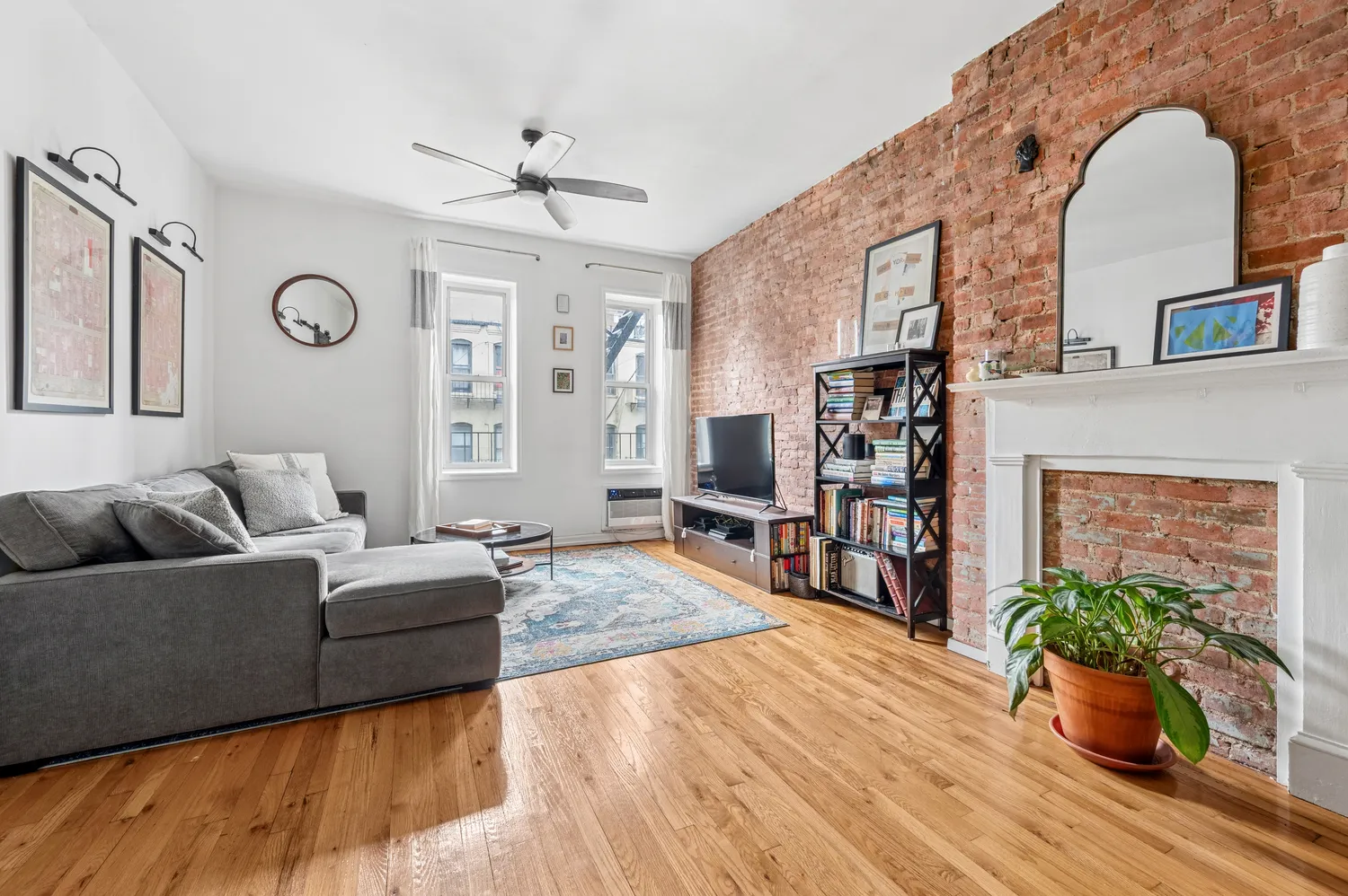 a living room with furniture and a potted plant