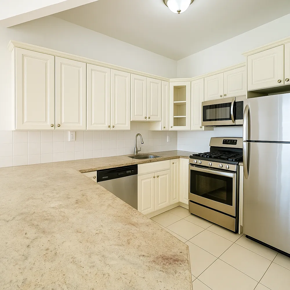 a kitchen with granite countertop a stove a sink and a refrigerator