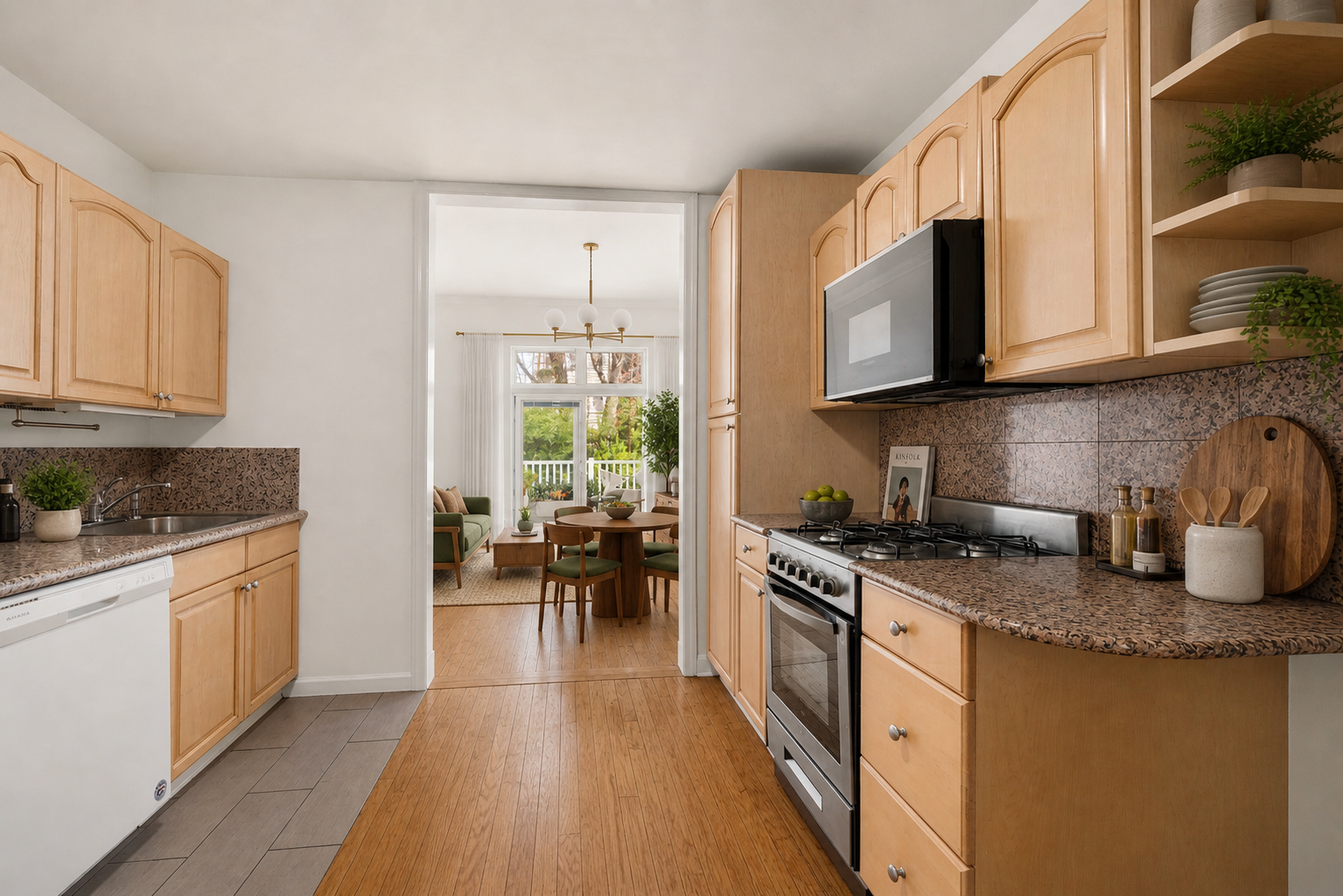 590 Manhattan Avenue, Unit 1 Brooklyn, NY 11222 - Photo 3 of 4 a kitchen with granite countertop a sink a stove top oven a counter space and cabinets