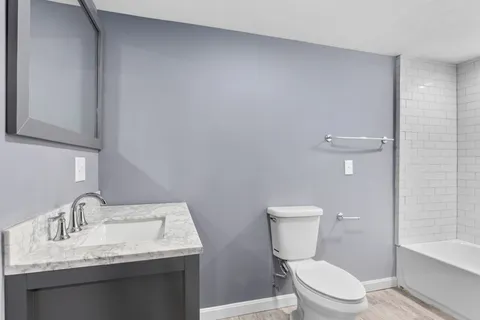 a bathroom with a bathtub and a toilet