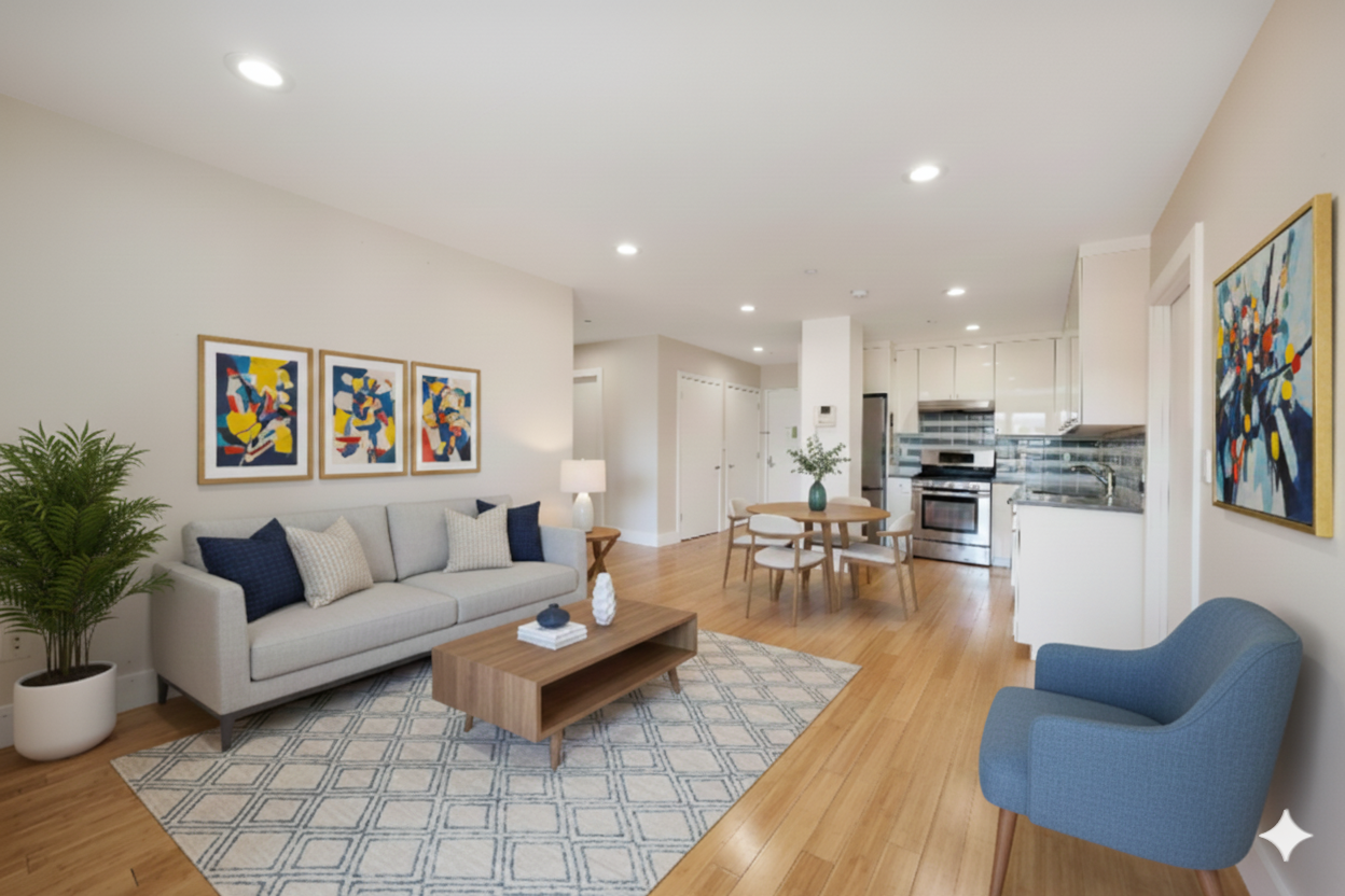 a living room with furniture and kitchen view