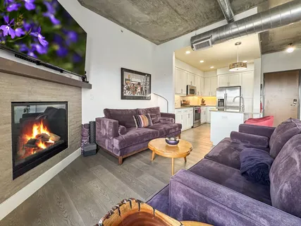 a living room with furniture a flat screen tv and a fireplace