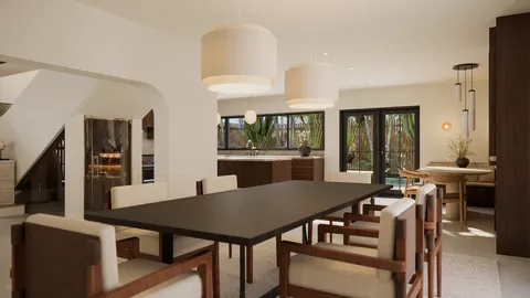 a view of a a dining room with furniture window and wooden floor