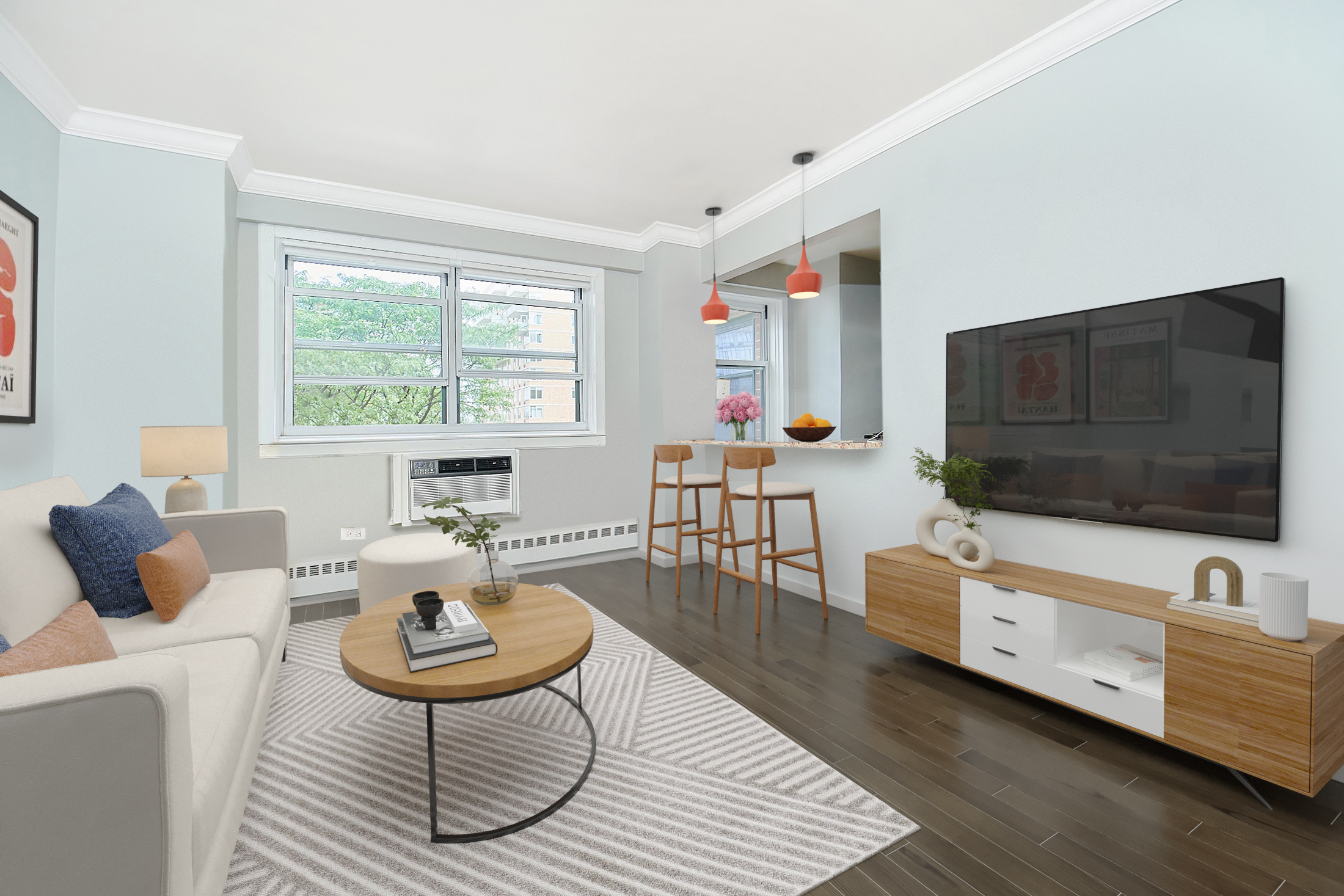 175 Willoughby Street, Unit 6K Brooklyn, NY 11201 - Photo 1 of 14 a living room with furniture and a flat screen tv