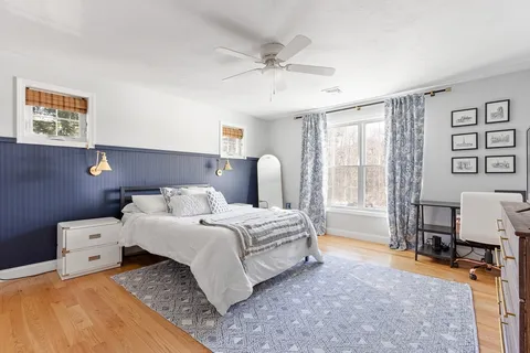 a spacious bedroom with a bed and a table