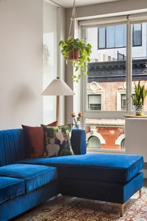 a living room with furniture and a potted plant