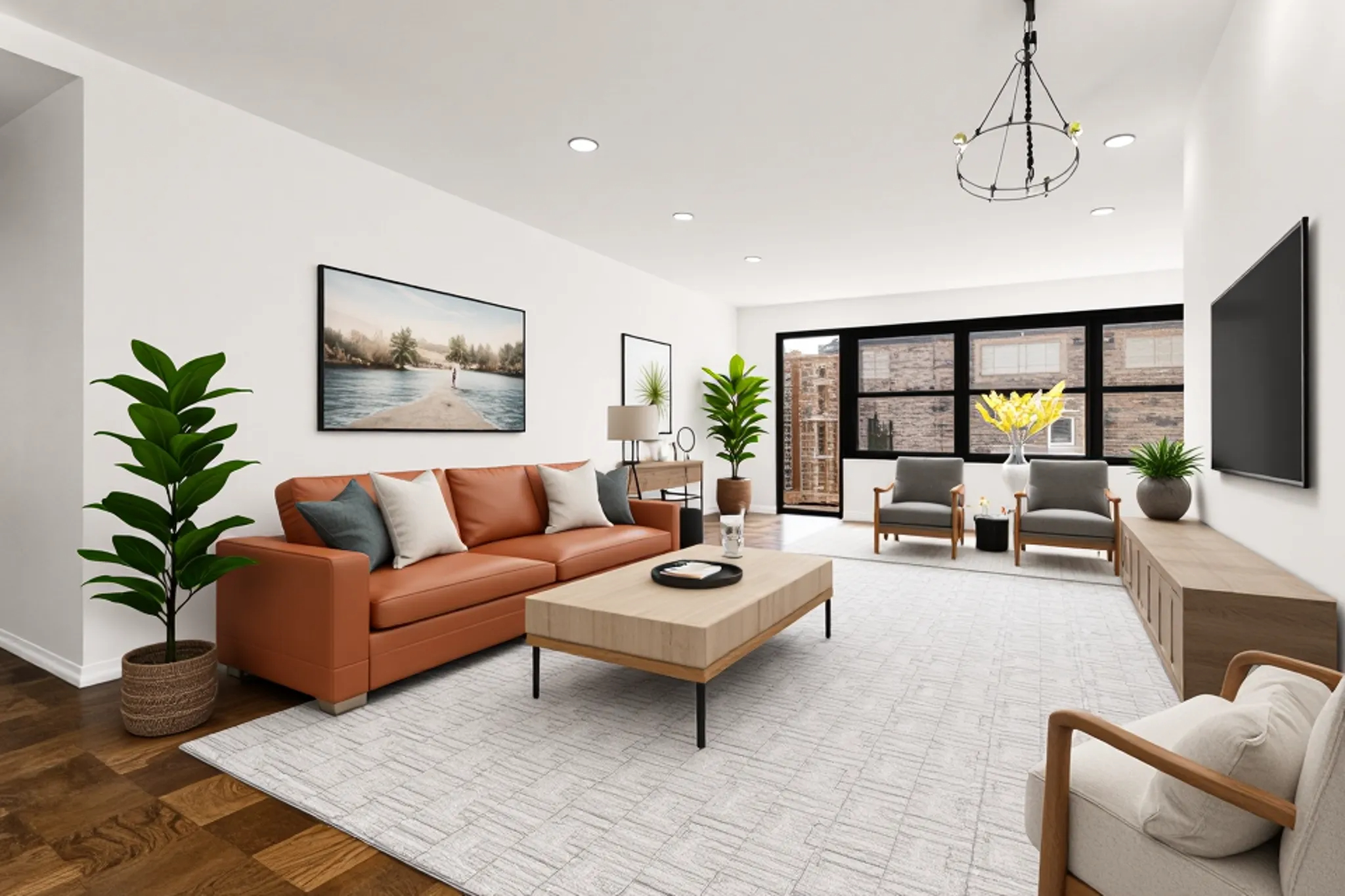 180 West End Avenue, Unit 23D Manhattan, NY 10023 - Photo 3 of 22 a living room with furniture a chandelier and a flat screen tv