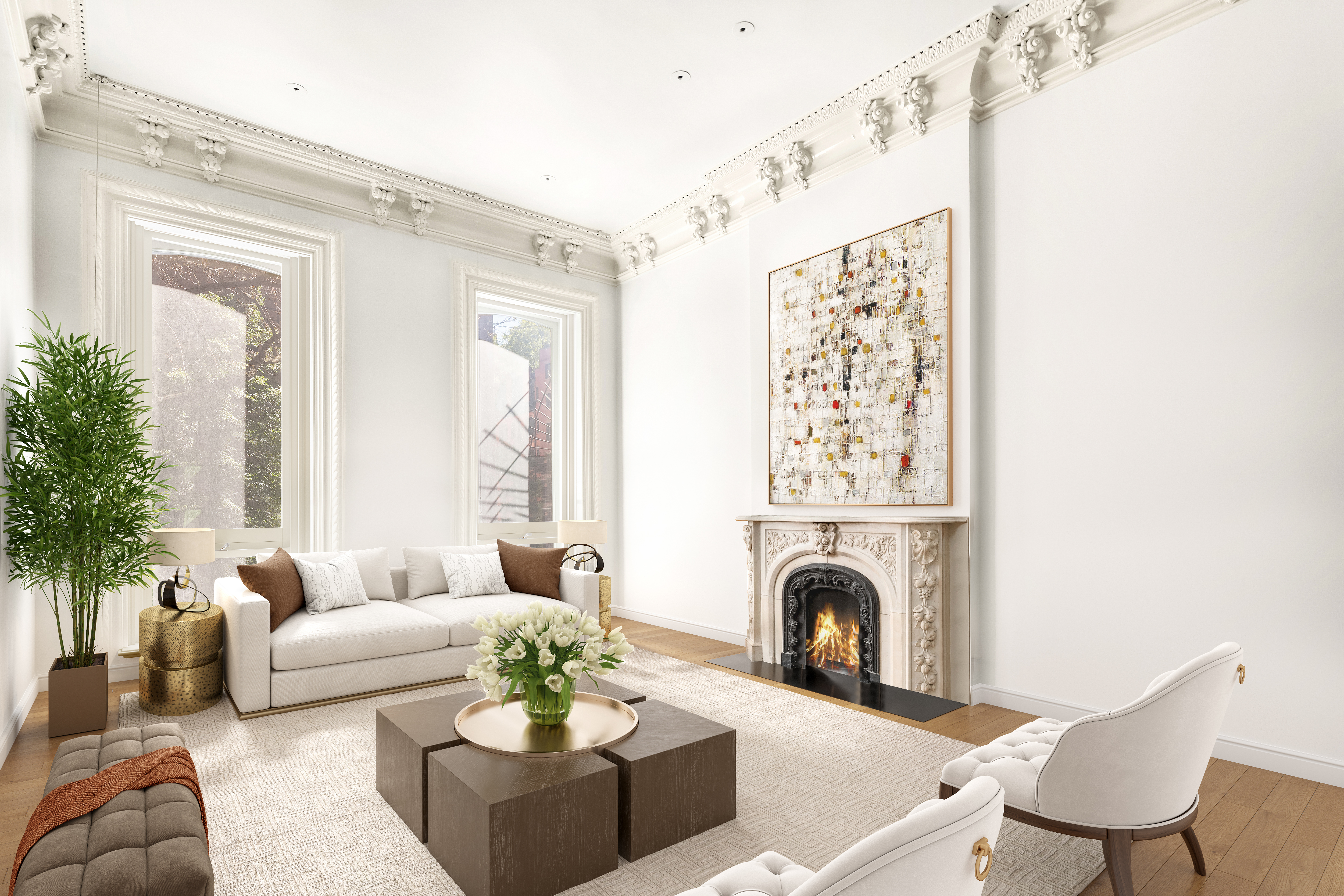 120 East 19th Street Manhattan, NY 10003 - Photo 6 of 33 a living room with furniture a fireplace and a large mirror