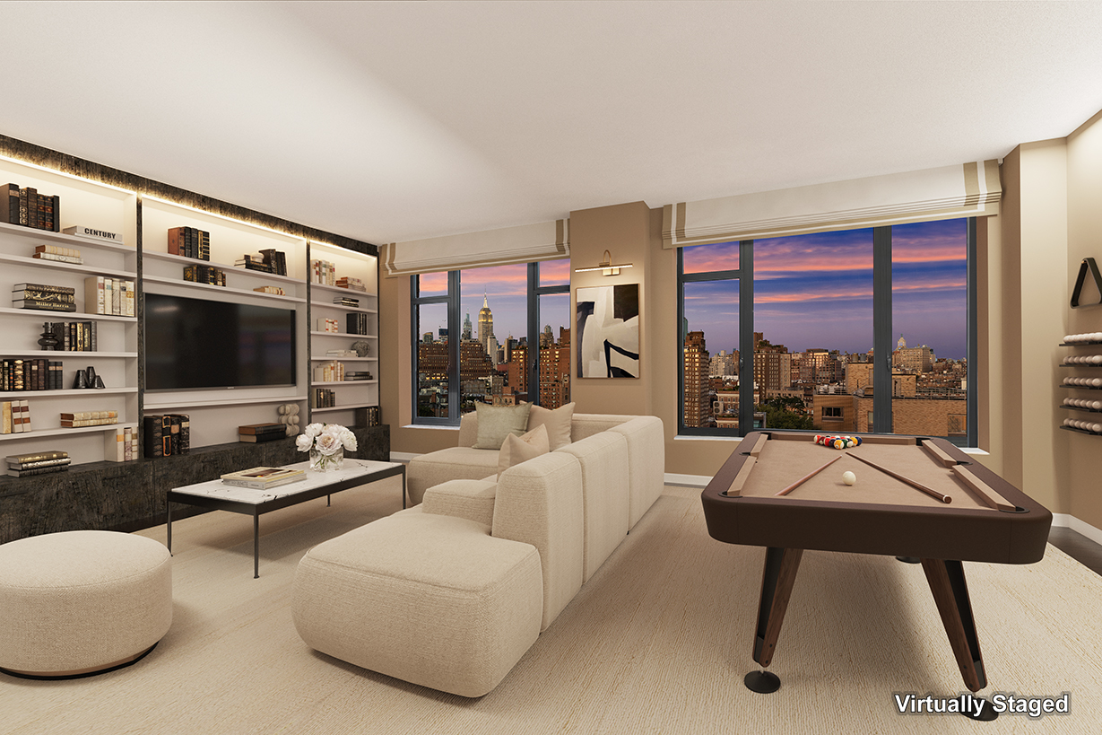 400 West 12th Street, Unit 12C Manhattan, NY 10014 - Photo 16 of 24 a living room with furniture and a flat screen tv